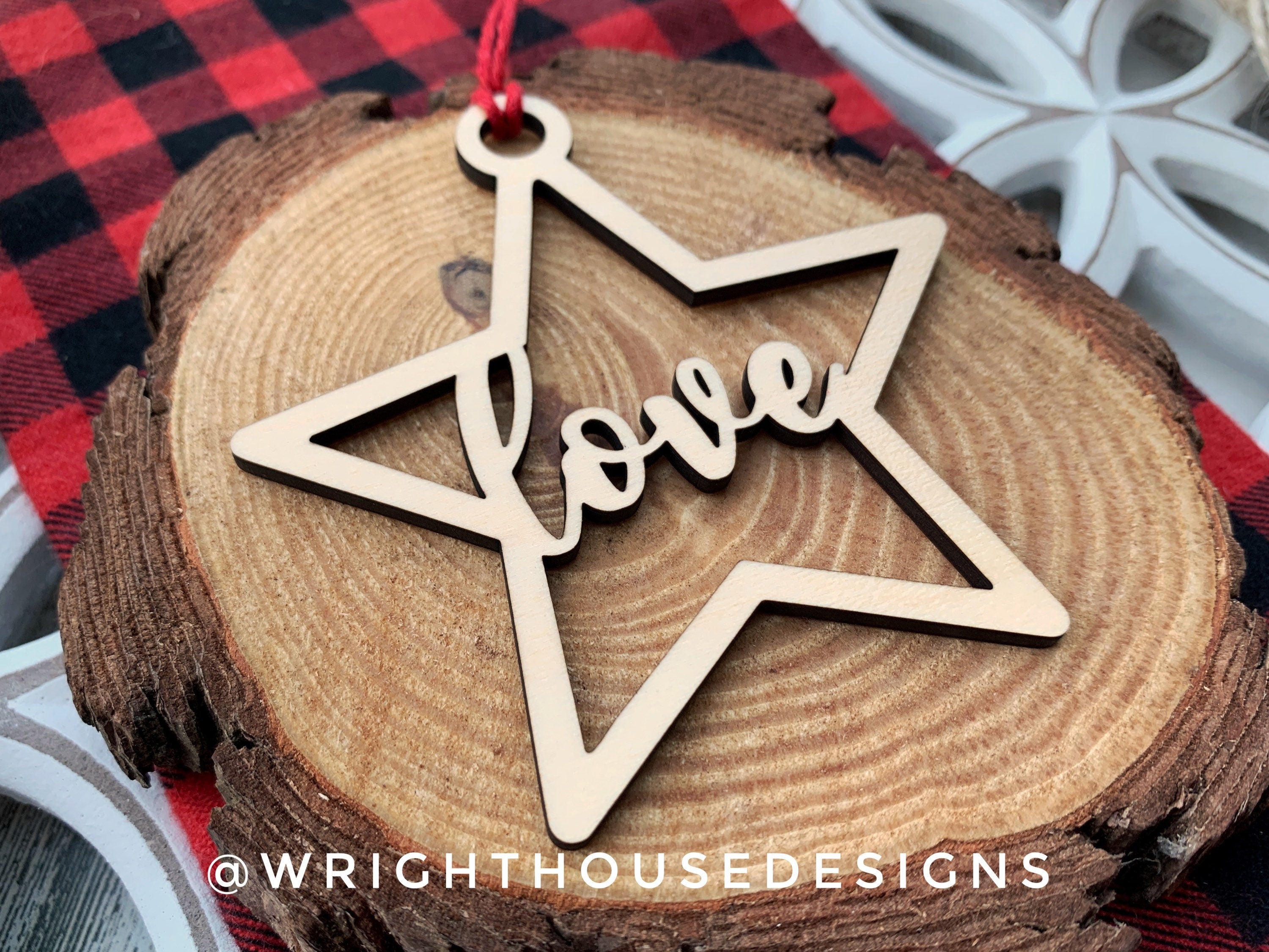 Love Wooden Star - Christmas Tree Ornament - Laser Cut - Stocking Stuffer - Present Tag - Gift Wrapping Accessory