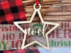 Noel Wooden Star - Christmas Tree Ornament - Laser Cut - Stocking Stuffer - Present Tag - Gift Wrapping Accessory