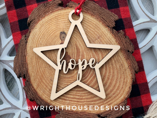 Hope Wooden Star - Christmas Tree Ornament - Laser Cut - Stocking Stuffer - Present Tag - Gift Wrapping Accessory