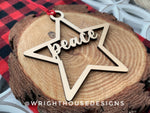 Load image into Gallery viewer, Peace Wooden Star - Christmas Tree Ornament - Laser Cut - Stocking Stuffer - Present Tag - Gift Wrapping Accessory
