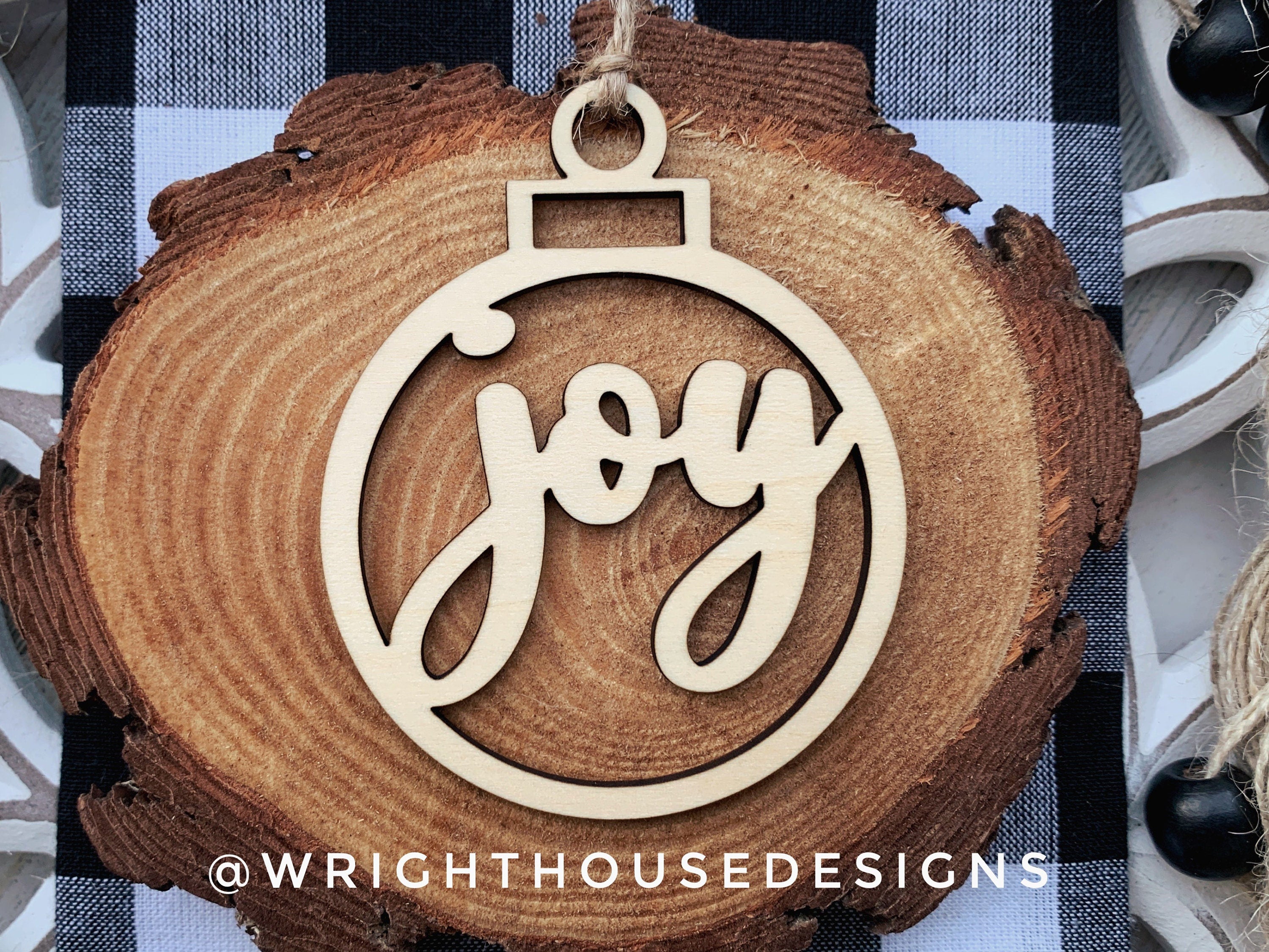 Joy Wooden Christmas Tree Ball Ornament - Laser Cut - Stocking Stuffer - Present Tag - Gift Wrapping Accessory