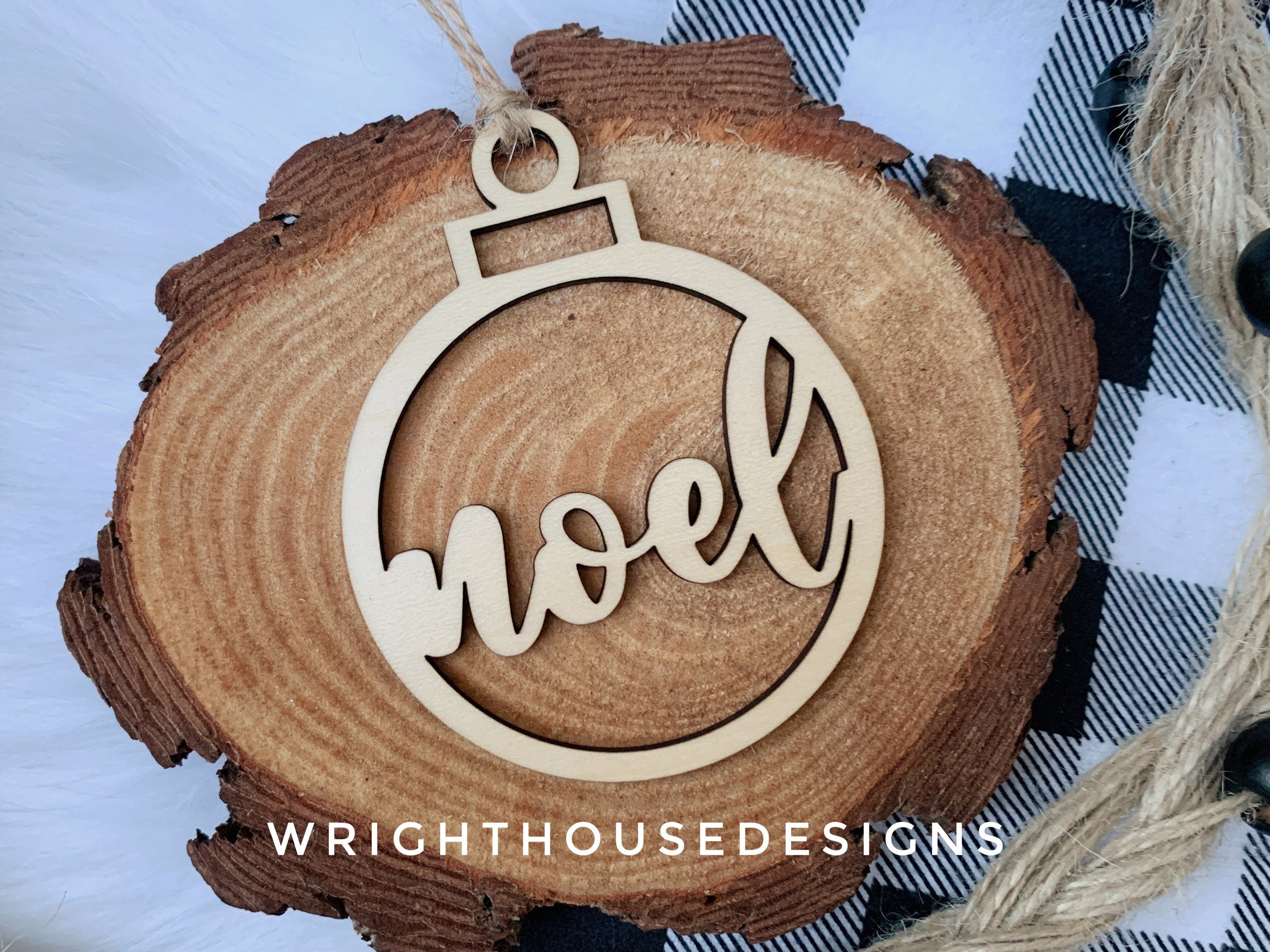 Noel Wooden Christmas Tree Ball Ornament - Laser Cut - Stocking Stuffer - Present Tag - Gift Wrapping Accessory