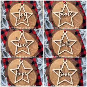 Minimalist Farmhouse - Laser Cut - Wooden Christmas Tree Star Ornament Set - Joy - Faith - Seasonal Wisdom Words - Stocking and Gift Tags