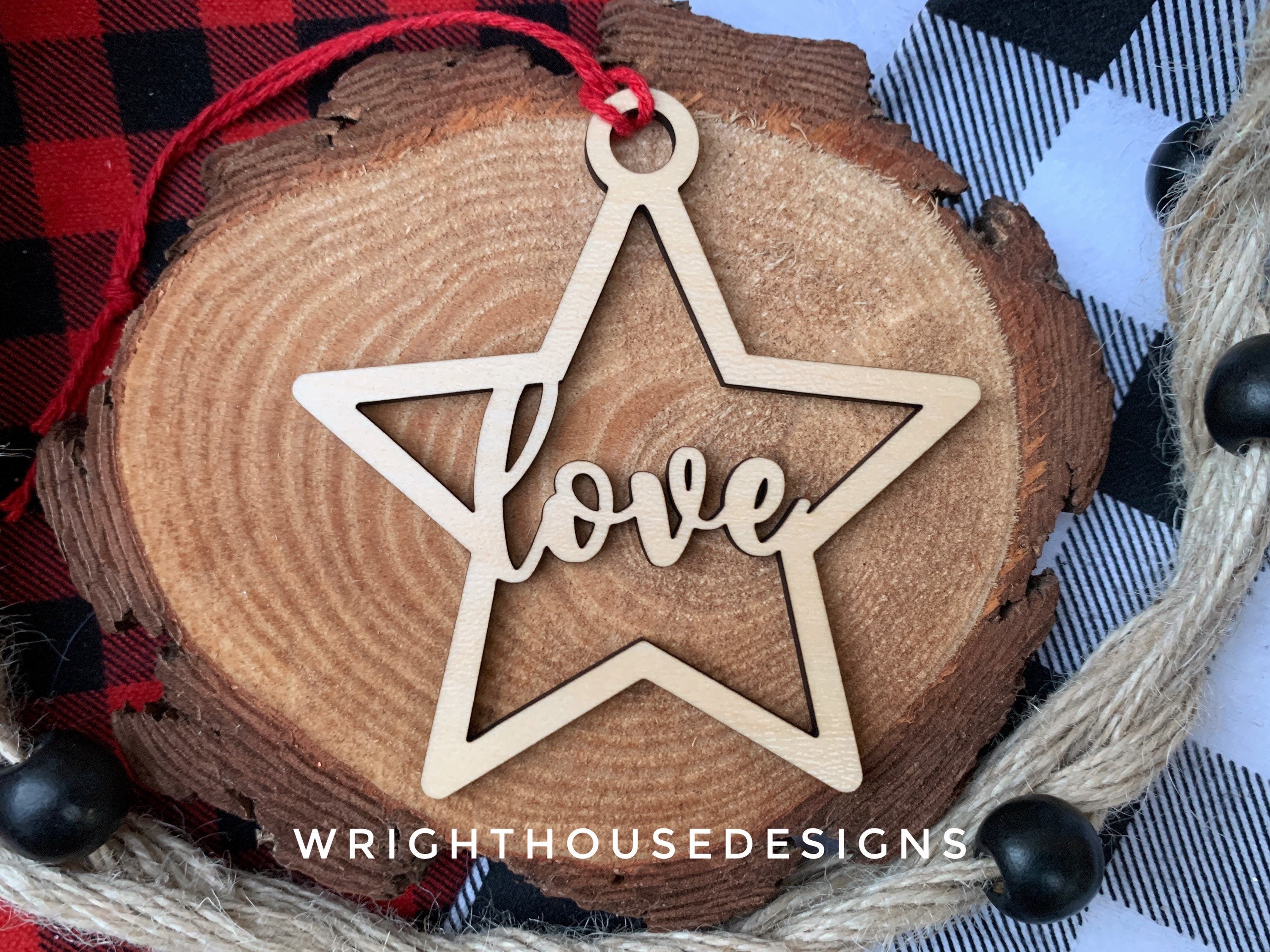 Love Wooden Star - Christmas Tree Ornament - Laser Cut - Stocking Stuffer - Present Tag - Gift Wrapping Accessory
