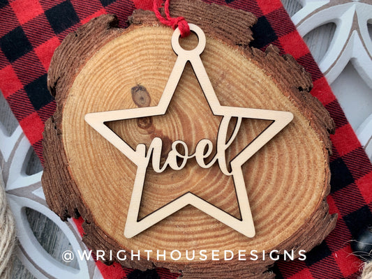 Noel Wooden Star - Christmas Tree Ornament - Laser Cut - Stocking Stuffer - Present Tag - Gift Wrapping Accessory