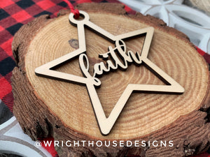 Faith Wooden Star - Christmas Tree Ornament - Laser Cut - Stocking Stuffer - Present Tag - Gift Wrapping Accessory