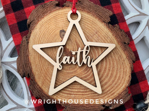 Faith Wooden Star - Christmas Tree Ornament - Laser Cut - Stocking Stuffer - Present Tag - Gift Wrapping Accessory