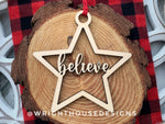 Load image into Gallery viewer, Believe Wooden Star - Christmas Tree Ornament - Laser Cut - Stocking Stuffer - Present Tag - Gift Wrapping Accessory

