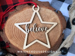 Load image into Gallery viewer, Believe Wooden Star - Christmas Tree Ornament - Laser Cut - Stocking Stuffer - Present Tag - Gift Wrapping Accessory
