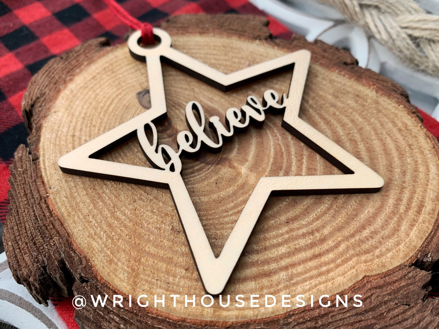 Believe Wooden Star - Christmas Tree Ornament - Laser Cut - Stocking Stuffer - Present Tag - Gift Wrapping Accessory