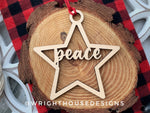 Load image into Gallery viewer, Peace Wooden Star - Christmas Tree Ornament - Laser Cut - Stocking Stuffer - Present Tag - Gift Wrapping Accessory

