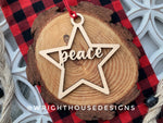 Load image into Gallery viewer, Peace Wooden Star - Christmas Tree Ornament - Laser Cut - Stocking Stuffer - Present Tag - Gift Wrapping Accessory
