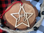 Load image into Gallery viewer, Joy Wooden Star - Christmas Tree Ornament - Laser Cut - Stocking Stuffer - Present Tag - Gift Wrapping Accessory
