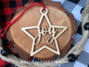 Joy Wooden Star - Christmas Tree Ornament - Laser Cut - Stocking Stuffer - Present Tag - Gift Wrapping Accessory