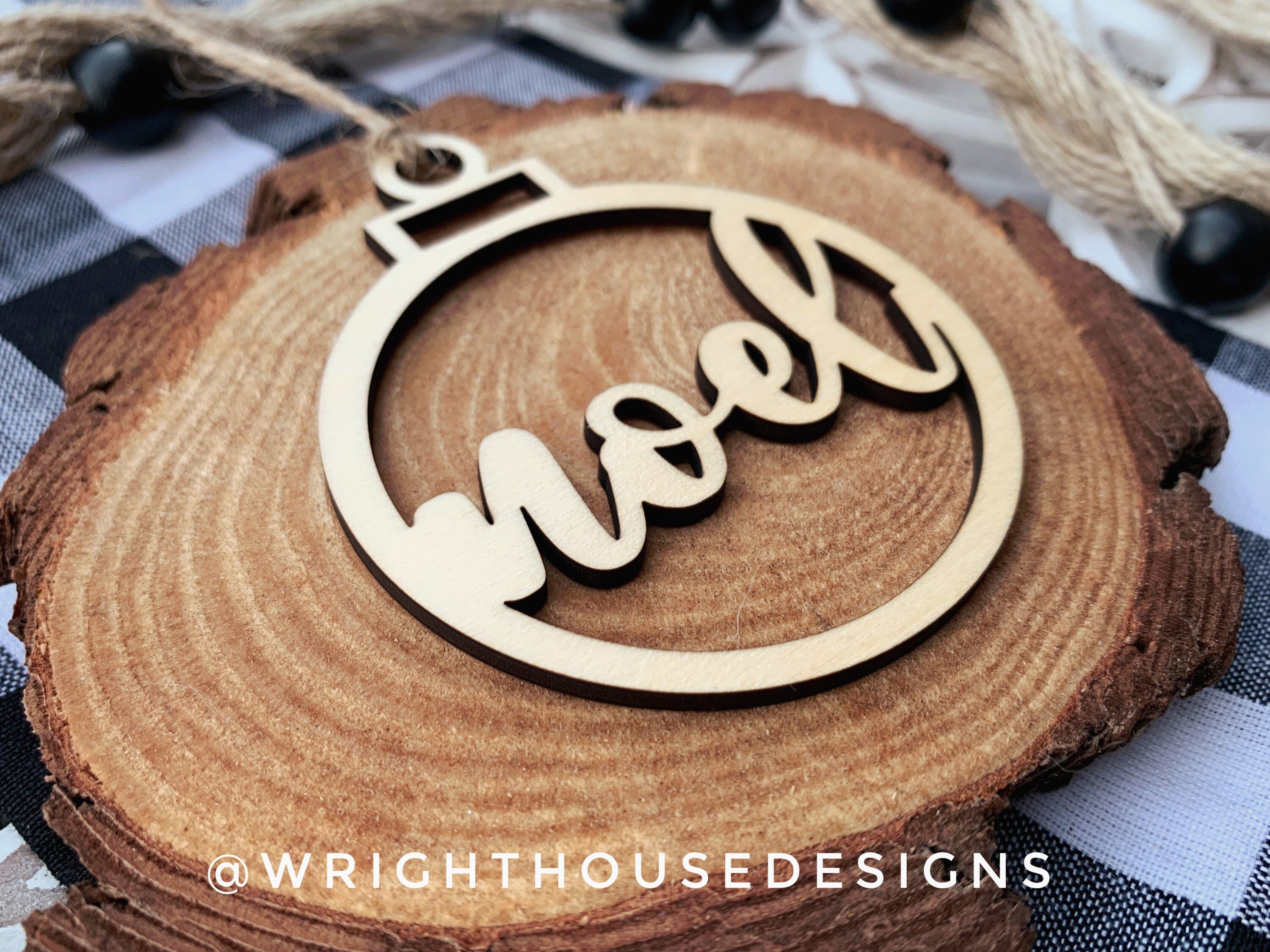 Noel Wooden Christmas Tree Ball Ornament - Laser Cut - Stocking Stuffer - Present Tag - Gift Wrapping Accessory