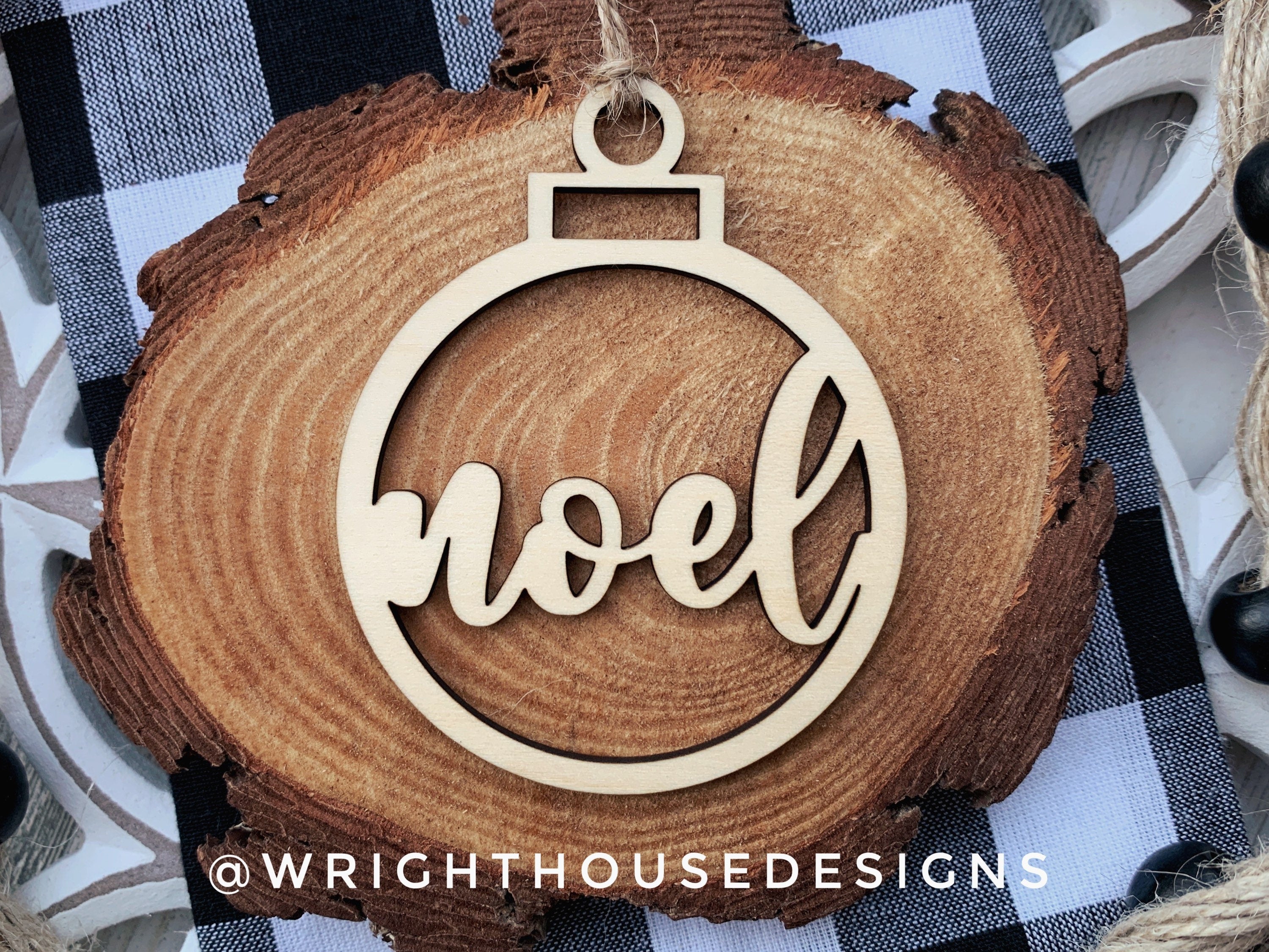 Noel Wooden Christmas Tree Ball Ornament - Laser Cut - Stocking Stuffer - Present Tag - Gift Wrapping Accessory