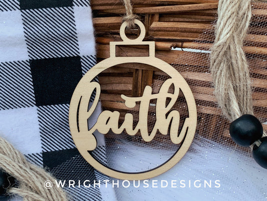 Faith Wooden Christmas Tree Ball Ornament - Laser Cut - Stocking Stuffer - Present Tag - Gift Wrapping Accessory