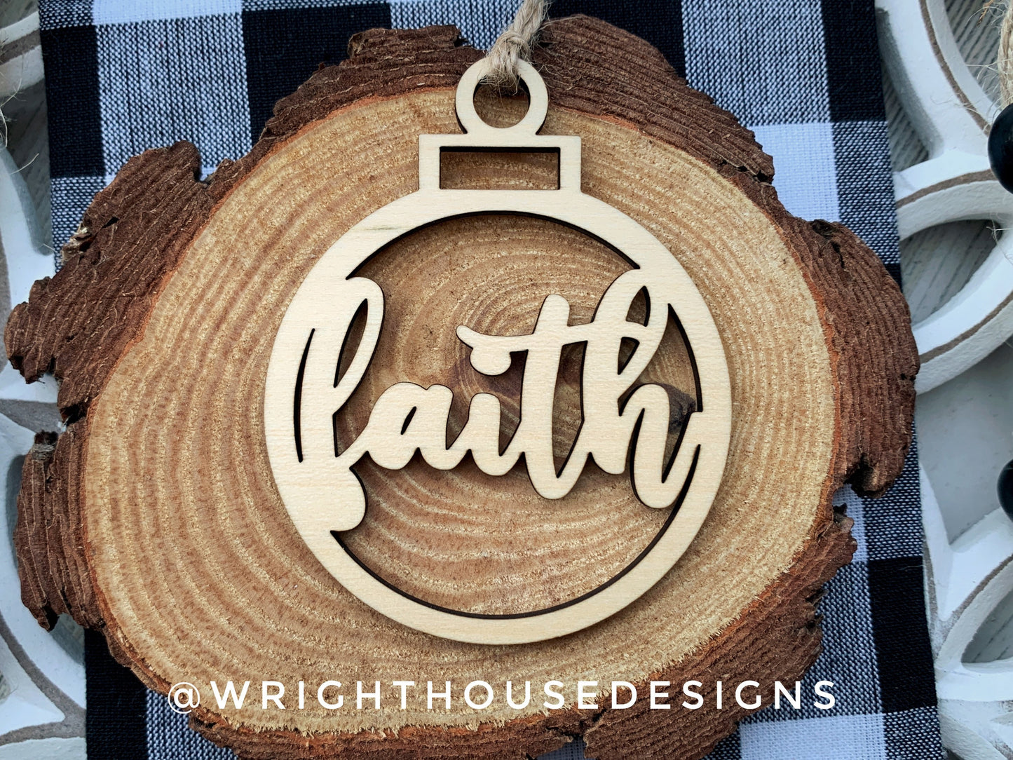 Faith Wooden Christmas Tree Ball Ornament - Laser Cut - Stocking Stuffer - Present Tag - Gift Wrapping Accessory