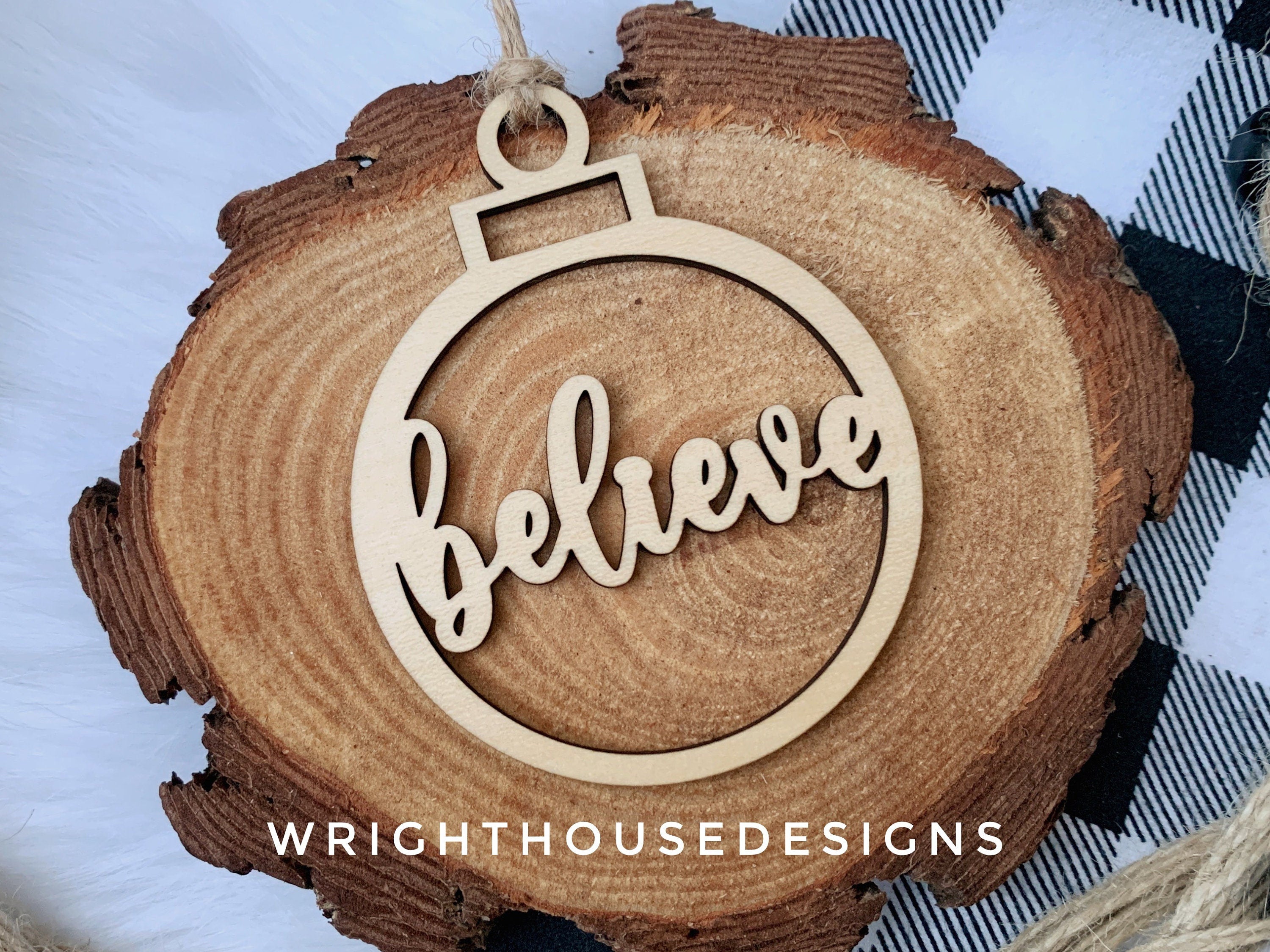 Believe Wooden Christmas Tree Ball Ornament - Laser Cut - Stocking Stuffer - Present Tag - Gift Wrapping Accessory