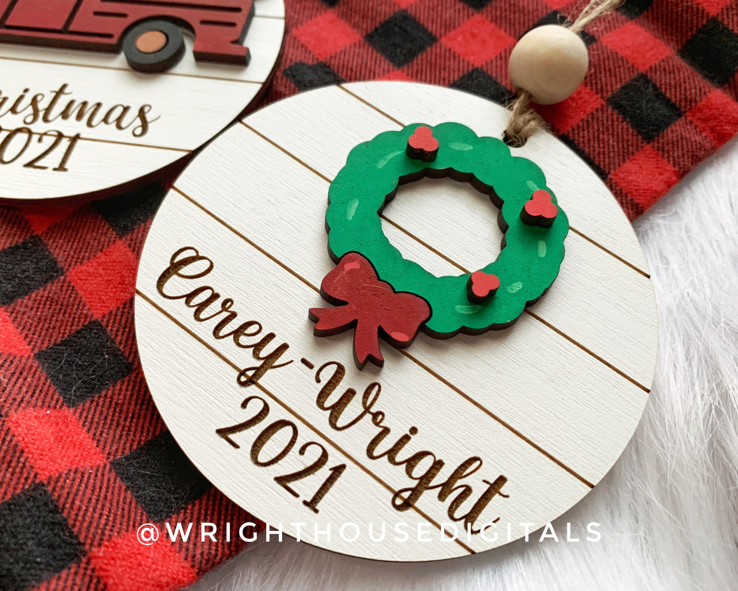 Personalized Farmhouse - Vintage Truck - Holly Wreath - Laser Engraved Shiplap - Stocking Tag - Wooden Christmas 2023 Tree Ornaments