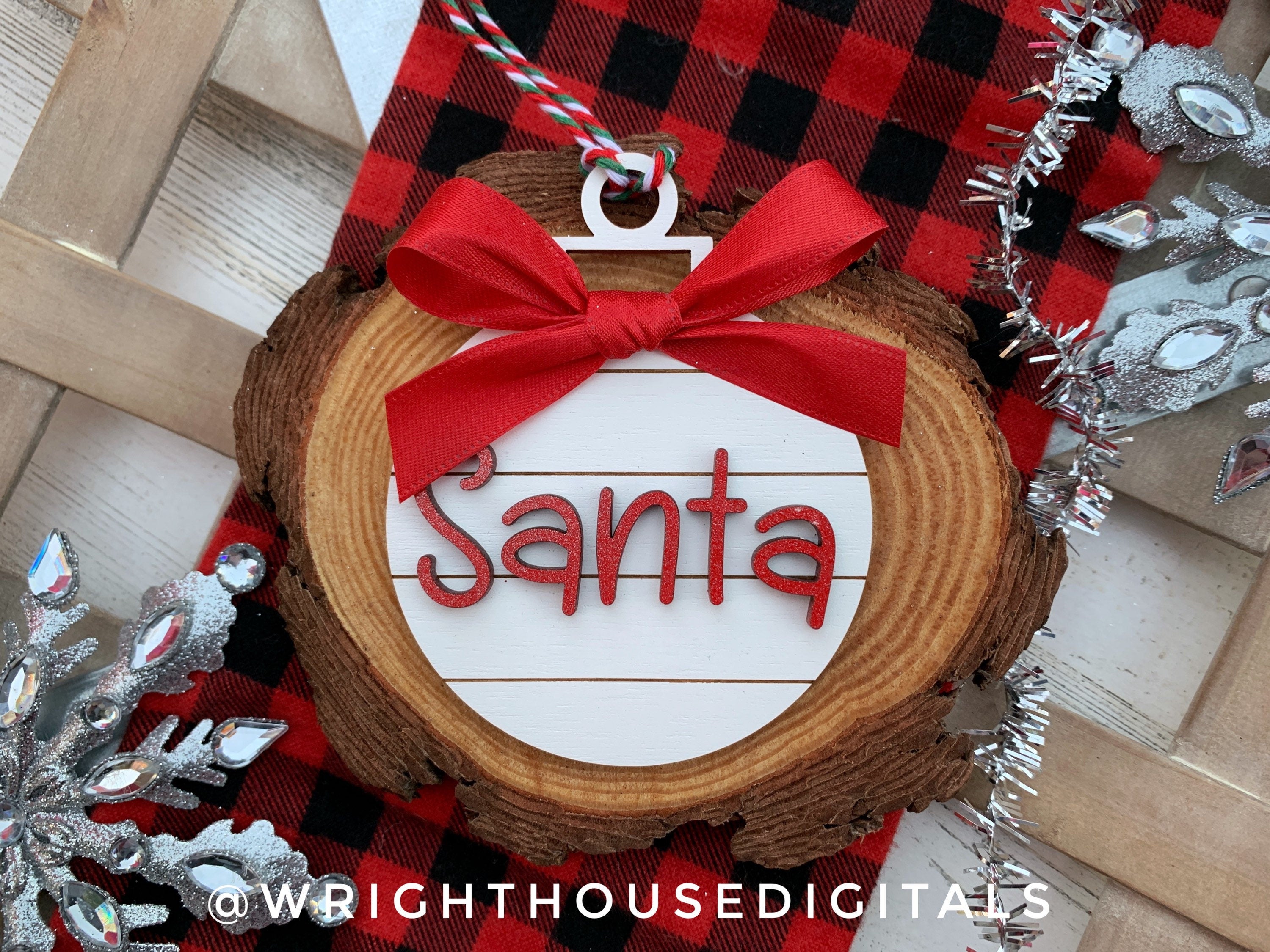 Festive Santa Shiplap Wooden Christmas Tree Ball Ornament Set of 6 - Laser Cut - Stocking Stuffer - Present Tag - Gift Wrapping Accessory