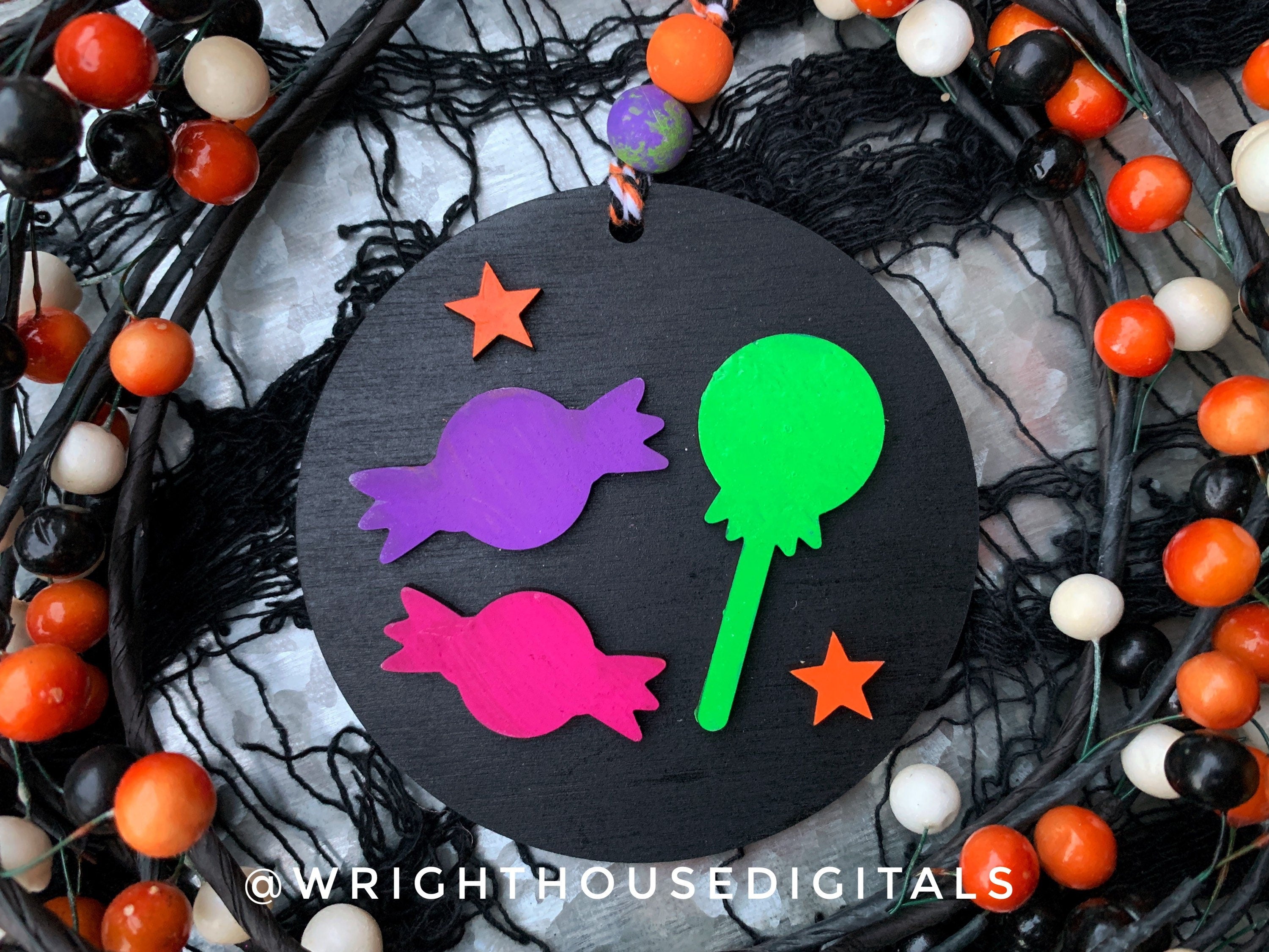 DIGITAL FILE - Halloween Icons - Black Cat and Candy - Shiplap Style Doodle Ornaments - SVG Cut File For Glowforge - Cut Files For Lasers