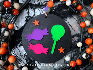 DIGITAL FILE - Halloween Icons - Black Cat and Candy - Shiplap Style Doodle Ornaments - SVG Cut File For Glowforge - Cut Files For Lasers