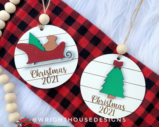 Santa Sleigh Yearly Christmas Tree Ornament - Personalized Name Keepsake - Wooden Shiplap Gift Bag Tags and Stocking Tags For The Family