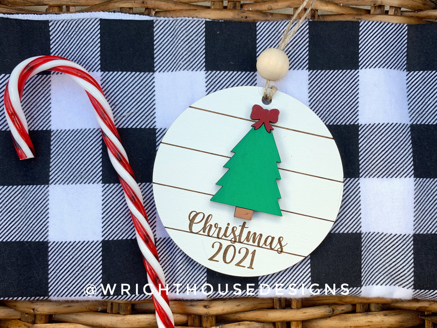 Santa Sleigh Yearly Christmas Tree Ornament - Personalized Name Keepsake - Wooden Shiplap Gift Bag Tags and Stocking Tags For The Family