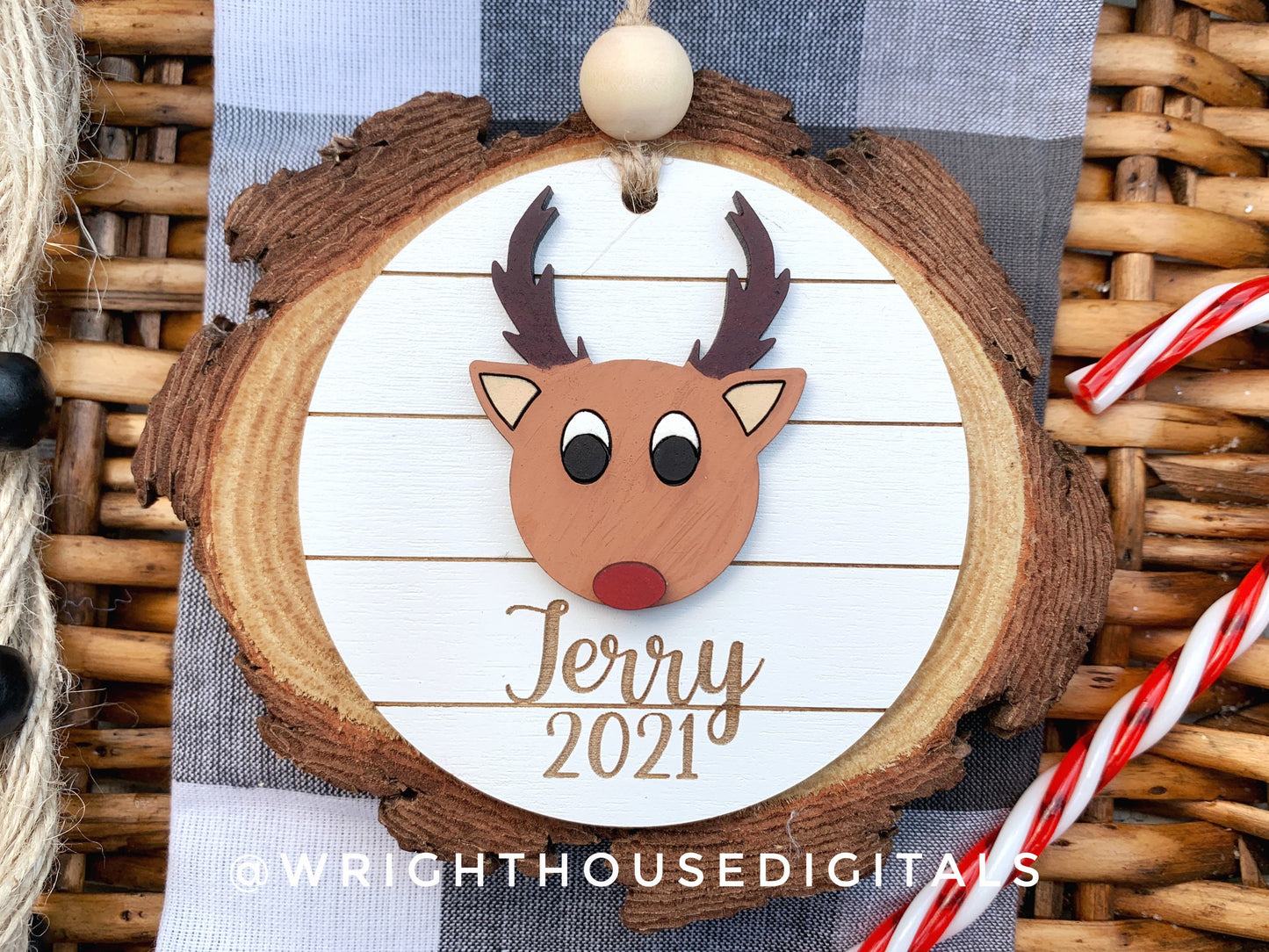 Reindeer and Mug Yearly Christmas Tree Ornament - Personalized Name Keepsake - Wooden Shiplap Gift Bag and Stocking Tags For The Family