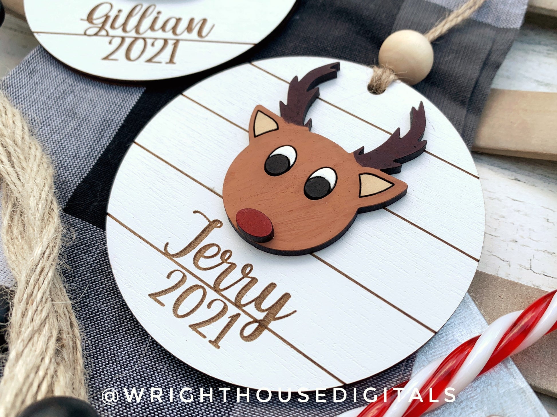 Reindeer and Mug Yearly Christmas Tree Ornament - Personalized Name Keepsake - Wooden Shiplap Gift Bag and Stocking Tags For The Family