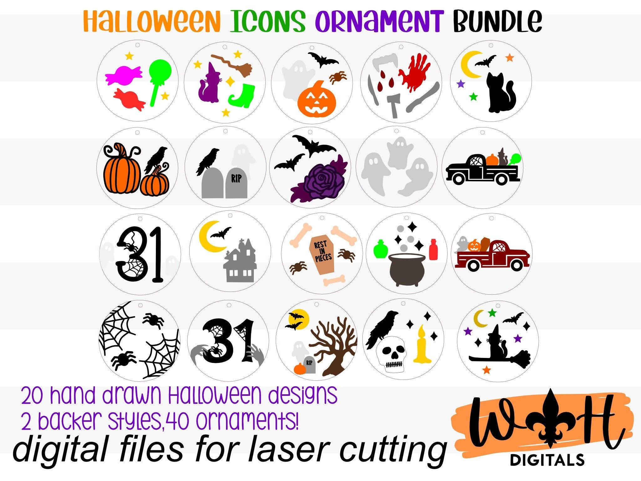 DIGITAL FILE - Halloween Icons - Shiplap Rustic Farmhouse Style - Doodle Ornaments - SVG Cut File For Glowforge - Cut Files For Lasers