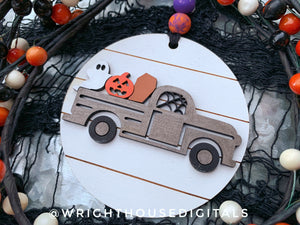 DIGITAL FILE - Halloween Icons - Vintage Truck, Ghost - Shiplap Style Doodle Ornaments - SVG Cut File For Glowforge - Cut Files For Lasers