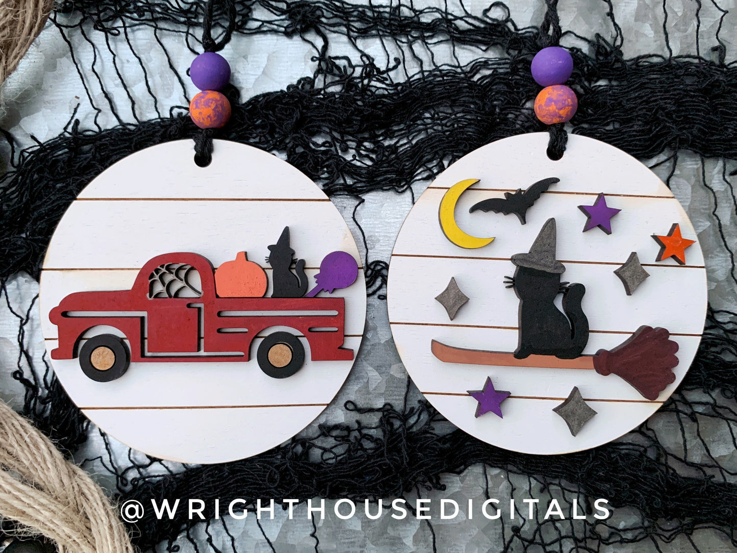 DIGITAL FILE - Halloween Icons- Vintage Truck Witch Cat - Shiplap Style Doodle Ornaments - SVG Cut File For Glowforge - Cut Files For Lasers