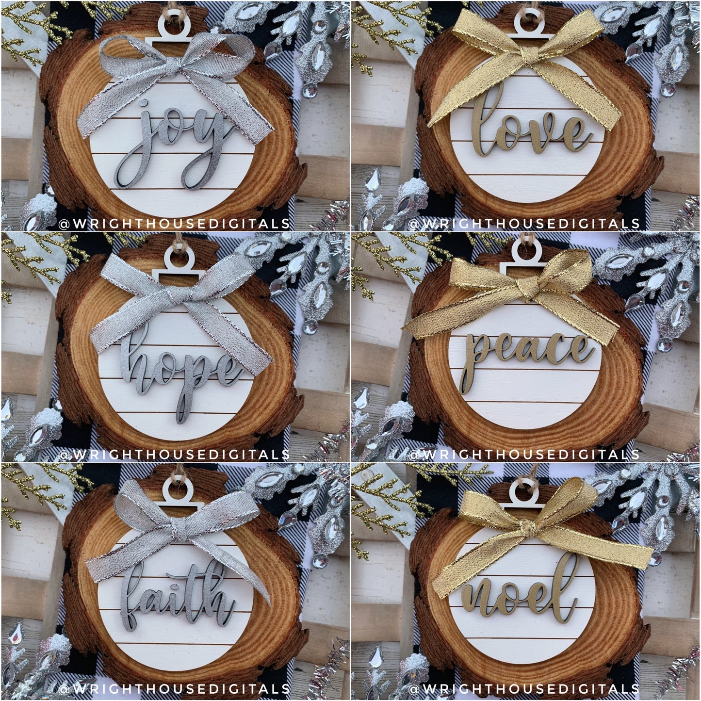 Classic Shiplap Wooden Christmas Tree Ball Ornament Set of 6 - Laser Cut - Stocking Stuffer - Present Tag - Gift Wrapping Accessory