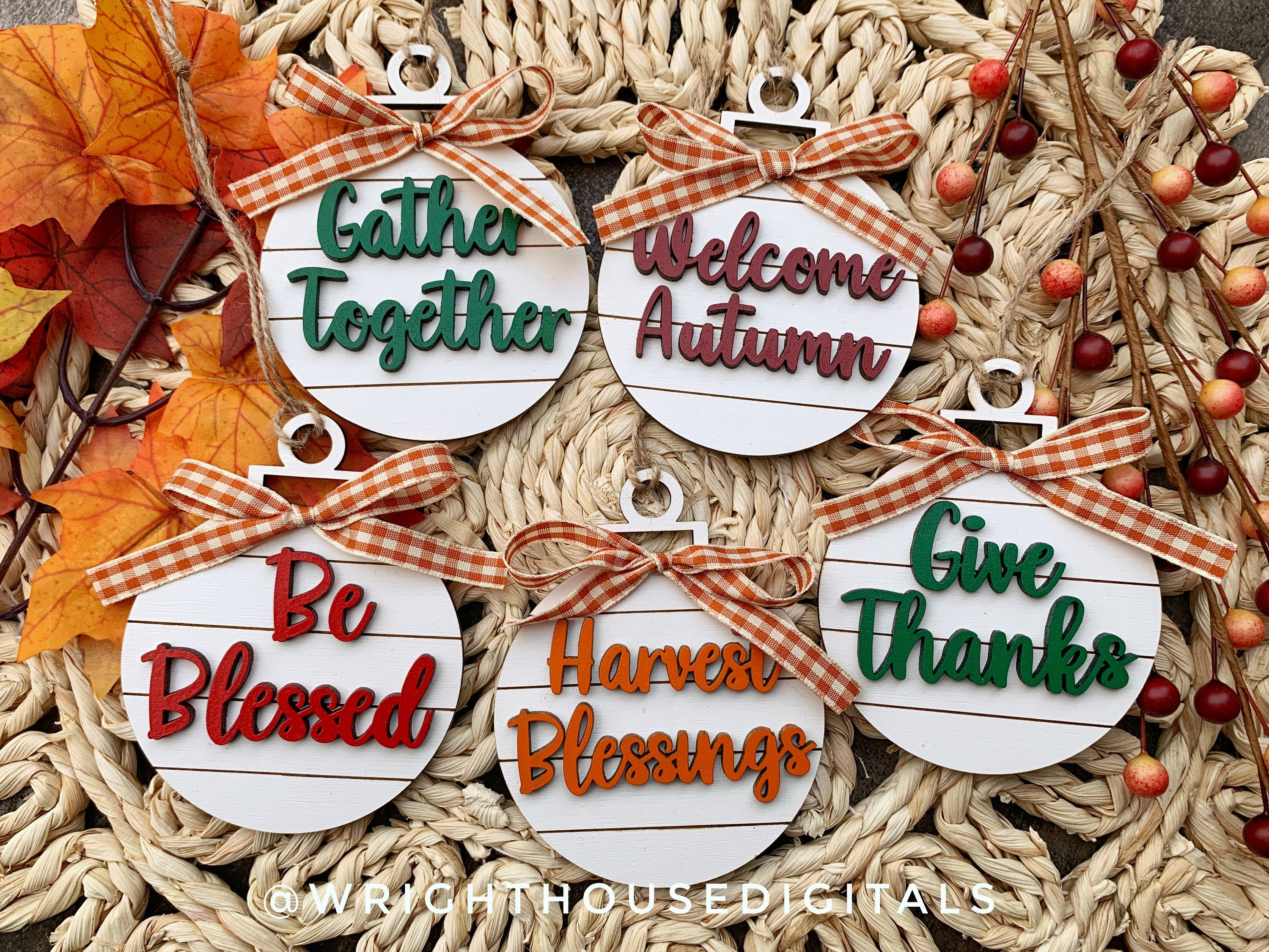 Thanksgiving Shiplap Wooden Tree Ball Ornament Set of 5 - Christmas Tree - Stocking Stuffer - Present Tag - Place Setting