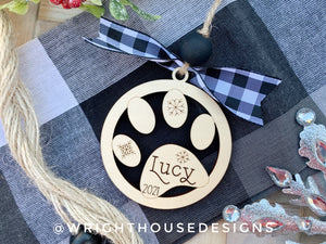 Personalized Pet Paw - Cat and Dog - Yearly Wooden Christmas Tree Memorial Ornament