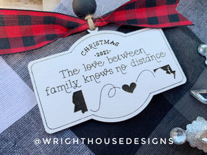 Long Distance - Personalized Family Surname - State to State - Wooden Christmas Tree Ornament