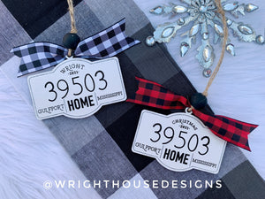 Personalized Home and Zip Code Ornament - Custom Family Name Keepsake - Rustic Farmhouse Wooden Christmas Tree Ornament - Gift For Couples