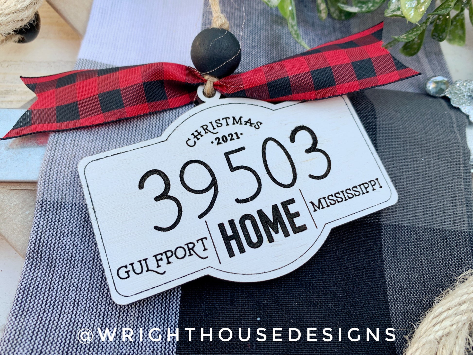 Personalized Home and Zip Code Ornament - Custom Family Name Keepsake - Rustic Farmhouse Wooden Christmas Tree Ornament - Gift For Couples