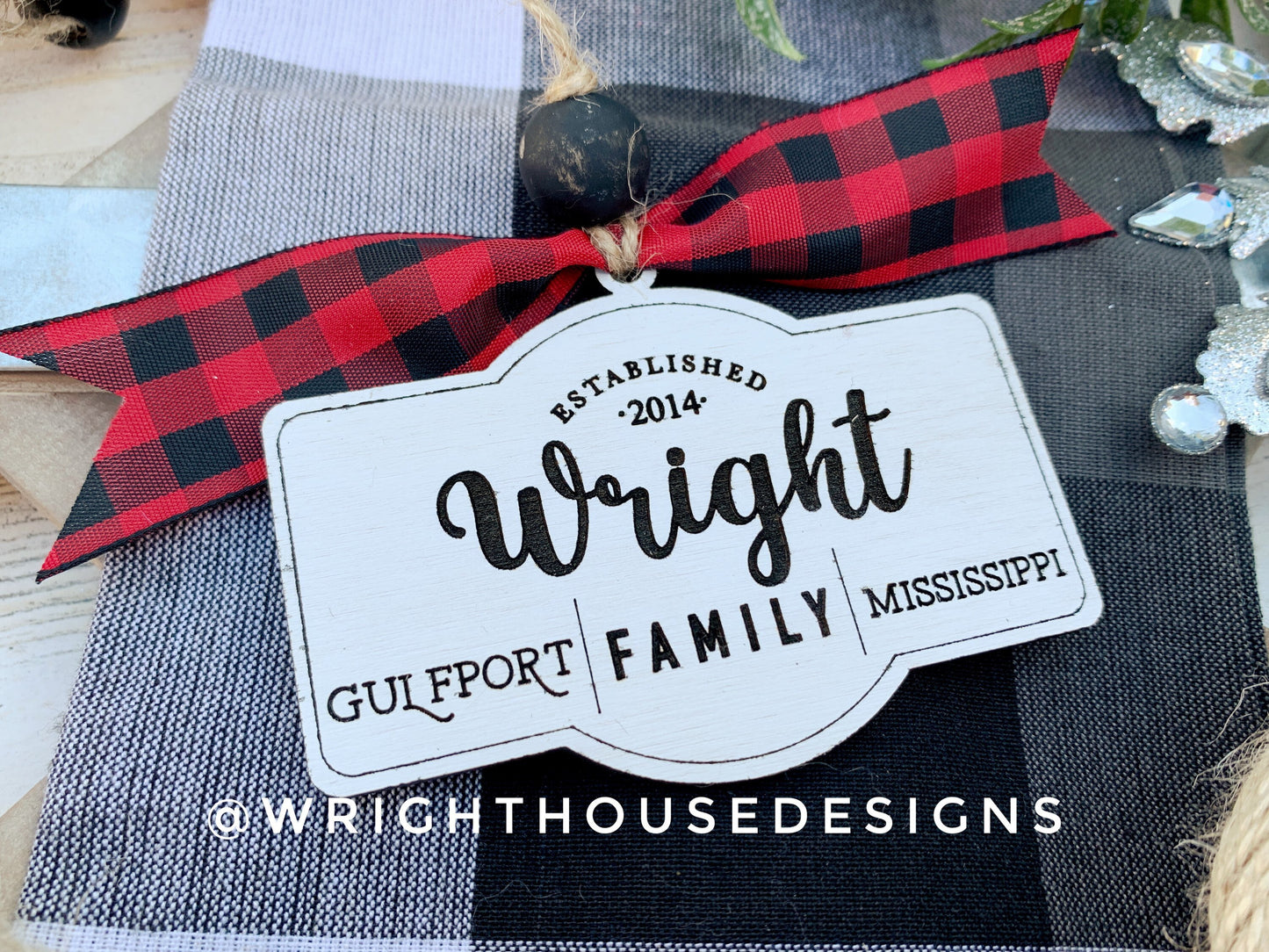 Personalized New Home Established - Family Name - Zip Code - Script Font - Wooden Christmas Tree Ornament