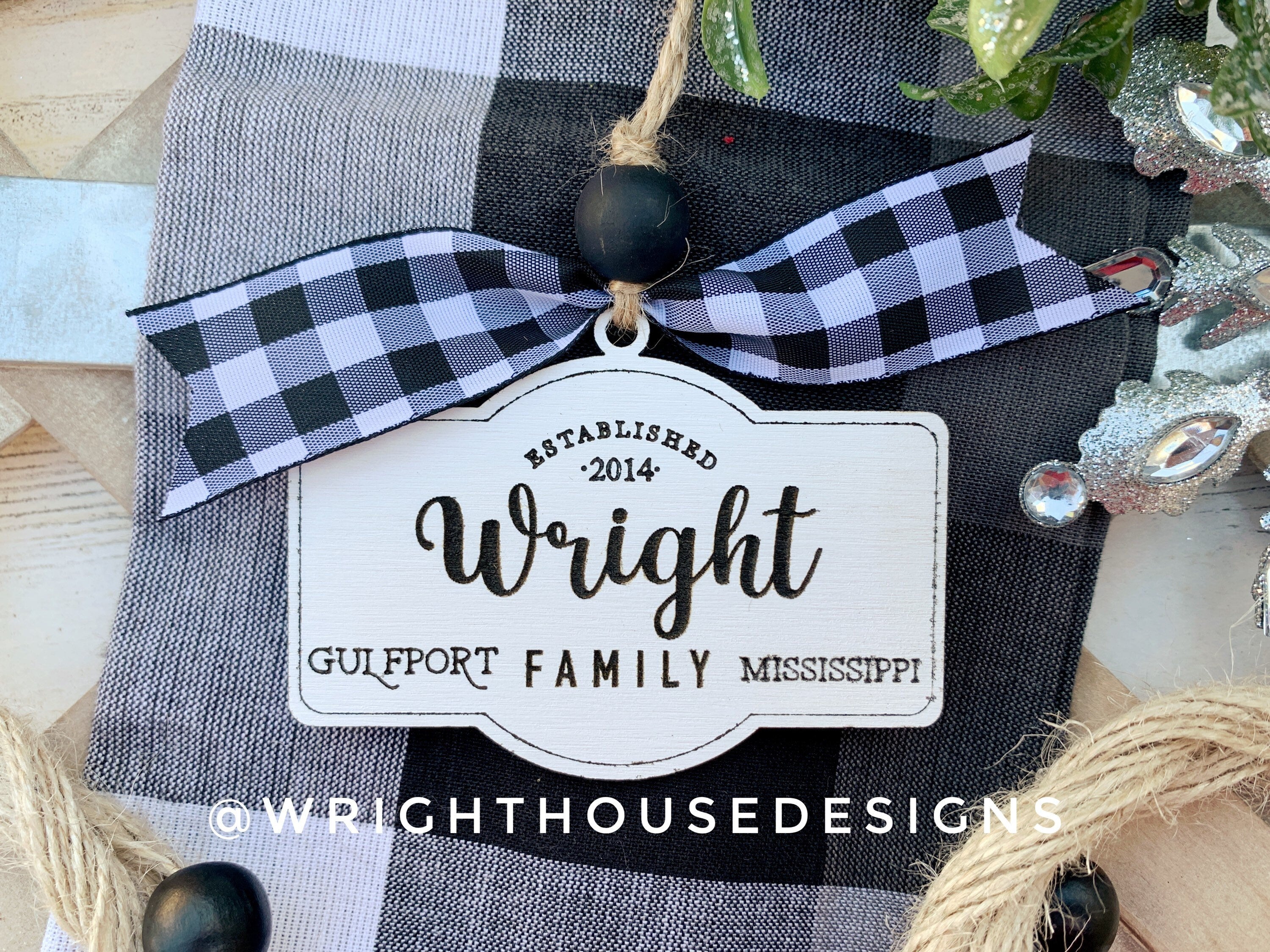 Personalized New Home Established - Family Name - Zip Code - Script Font - Wooden Christmas Tree Ornament