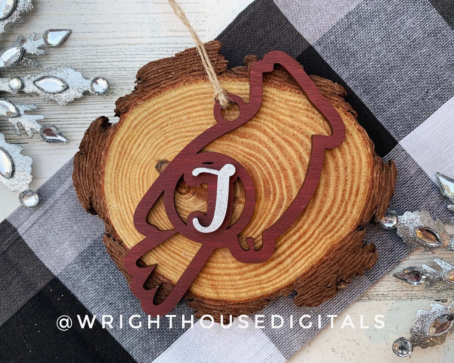 Personalized Cardinal - Monogram Name Initial - Wooden Christmas Tree Ornament - Gift Bag Tag - Handmade - Winter Decor - Holiday Gift
