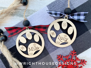 Personalized Pet Paw - Cat and Dog - Yearly Wooden Christmas Tree Memorial Ornament