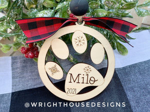 Personalized Pet Paw - Cat and Dog - Yearly Wooden Christmas Tree Memorial Ornament