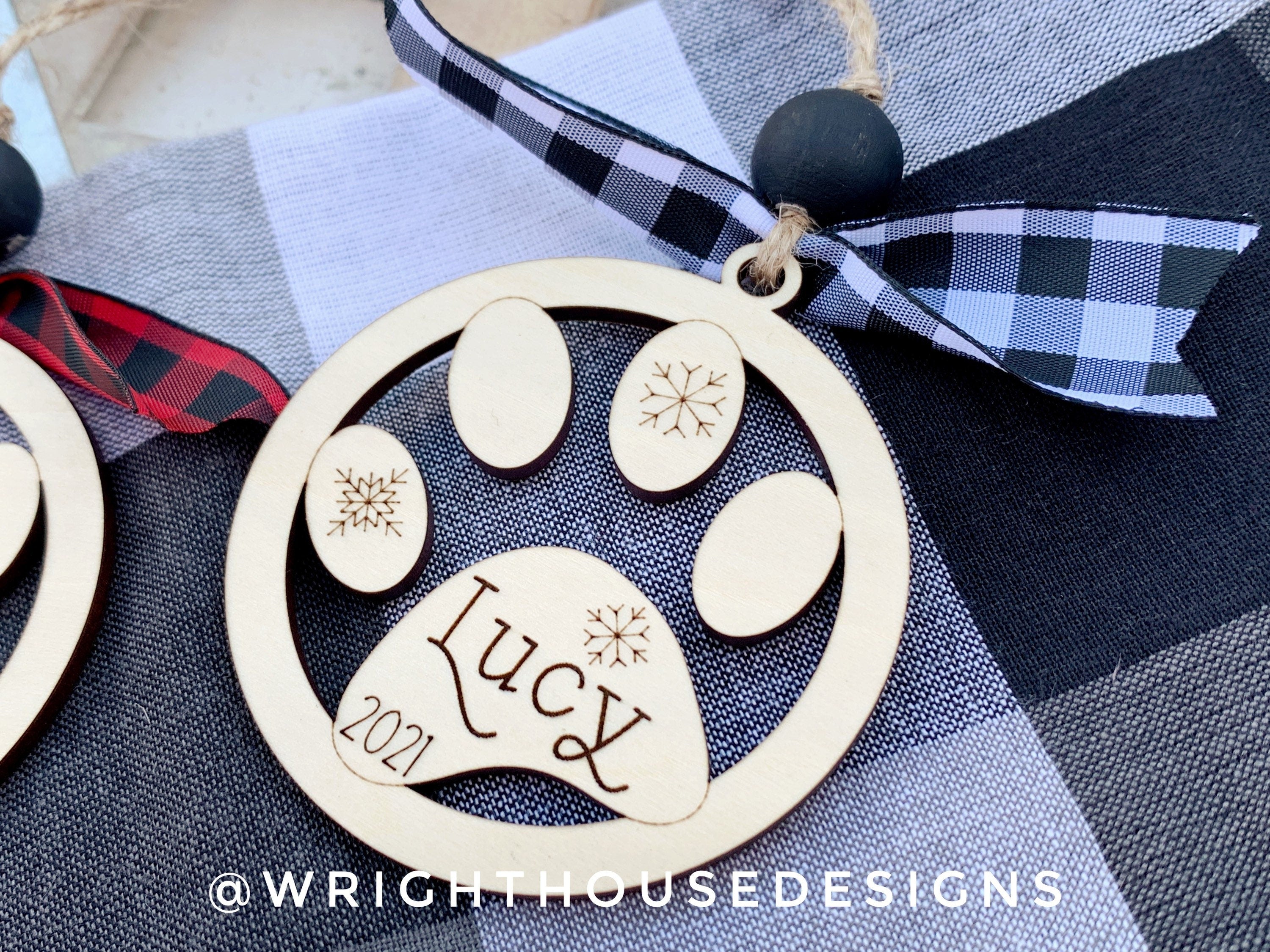 Personalized Pet Paw - Cat and Dog - Yearly Wooden Christmas Tree Memorial Ornament