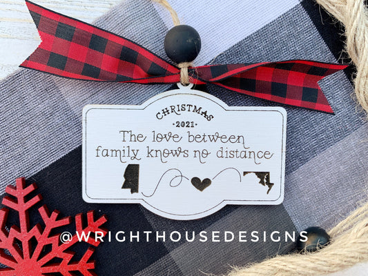 Long Distance Love - Personalized Family Surname - State to State - Wooden Christmas 2023 Tree Ornament - Seasonal Holiday Gift For Friends
