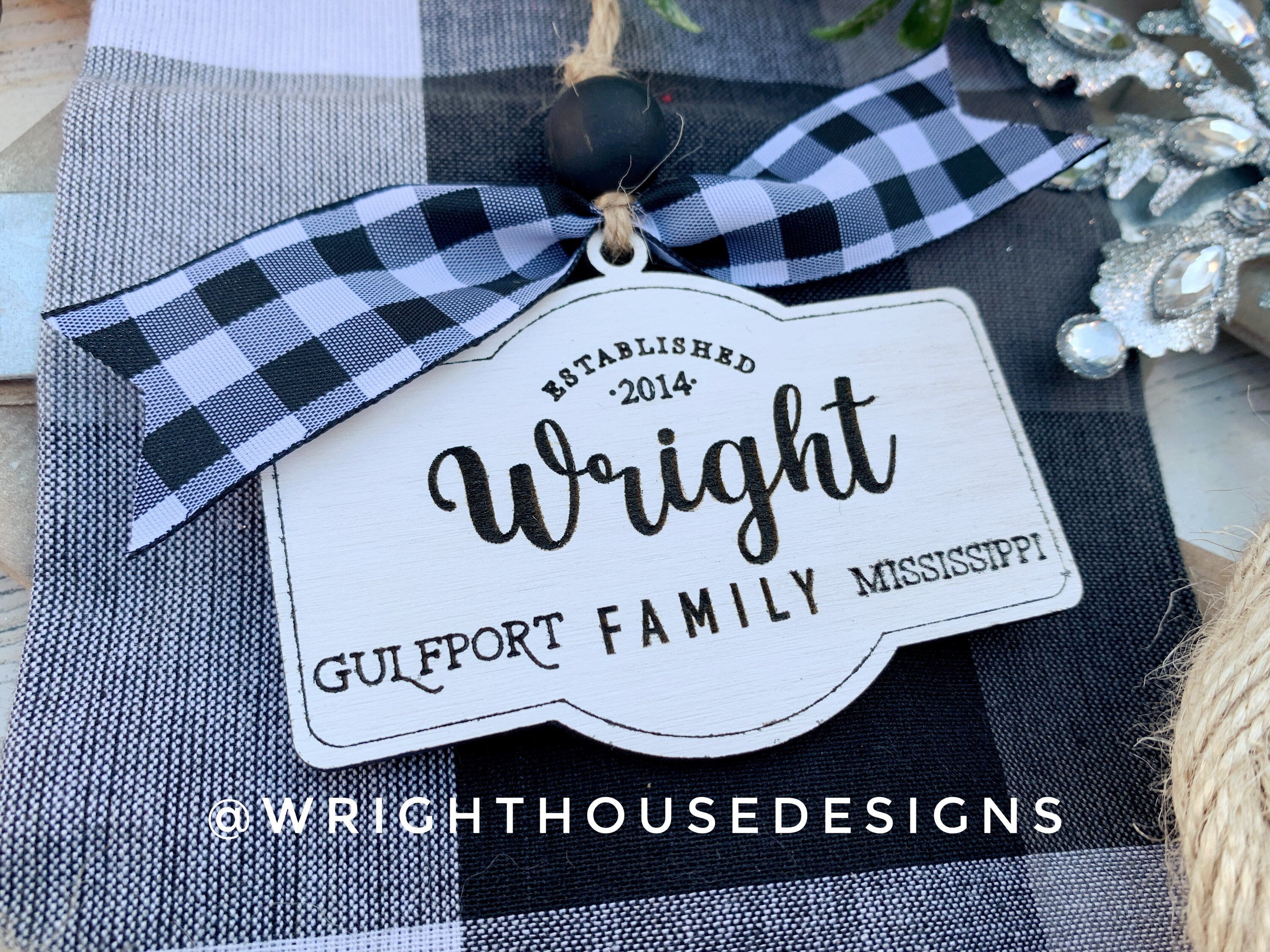 Personalized New Home Established - Family Name - Zip Code - Script Font - Wooden Christmas Tree Ornament