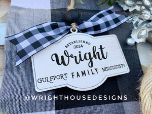 Personalized New Home Established - Family Name - Zip Code - Script Font - Wooden Christmas Tree Ornament
