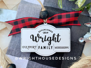 Personalized New Home Established - Family Name - Zip Code - Script Font - Wooden Christmas Tree Ornament